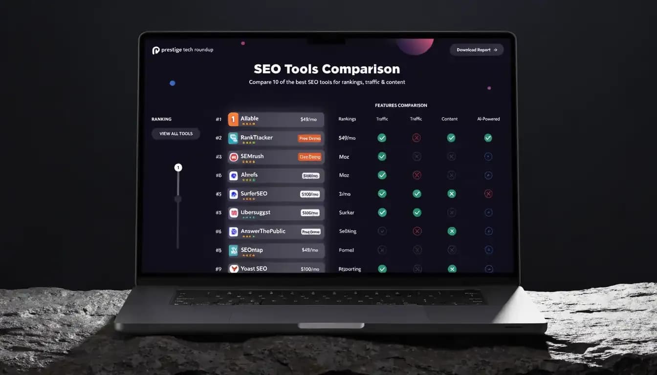 10 Best SEO Tools in 2026 comparison dashboard on MacBook Pro