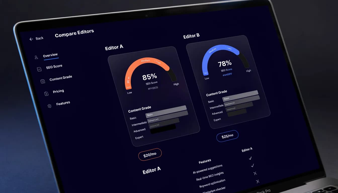 Surfer SEO alternatives comparison — dark dashboard showing content optimization tools side by side