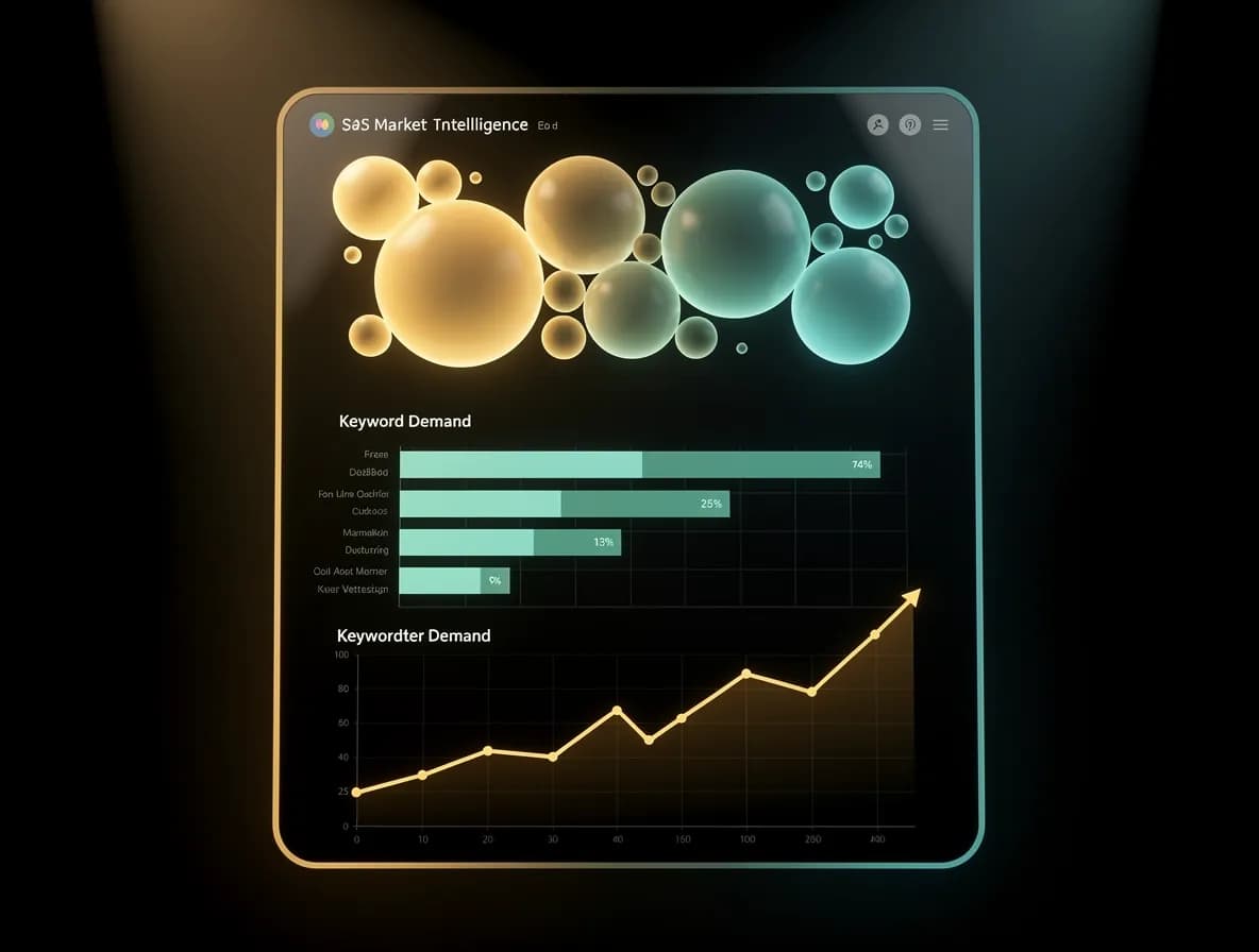 AI market research tool dashboard showing market demand, competitive landscape, and trending topics in a dark SaaS interface