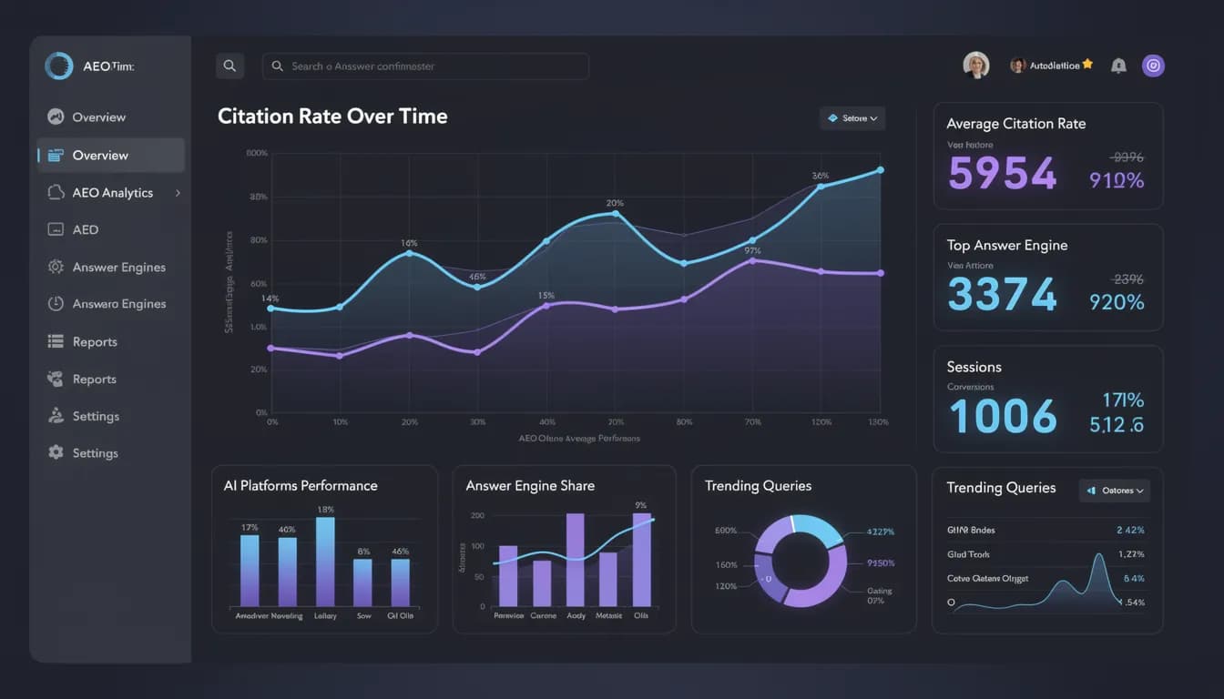 Best AEO tools dashboard 2026 — Answer engine optimization analytics showing citation rate tracking across ChatGPT, Perplexity, and Gemini