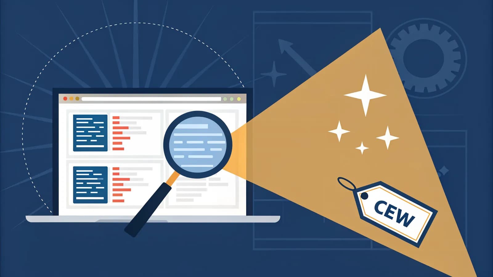 Does schema help AI visibility 2026 — magnifying glass over HTML code fragment, weak schema citation badge versus radiant content-quality core driving AI citations, dark navy with orange and blue accents
