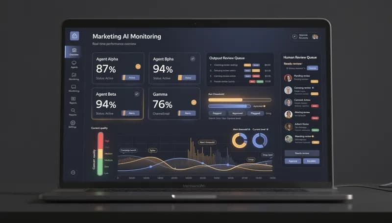 AI Agent Monitoring hero 2026 — marketing team dashboard tracking agent output quality, brand drift, and performance metrics