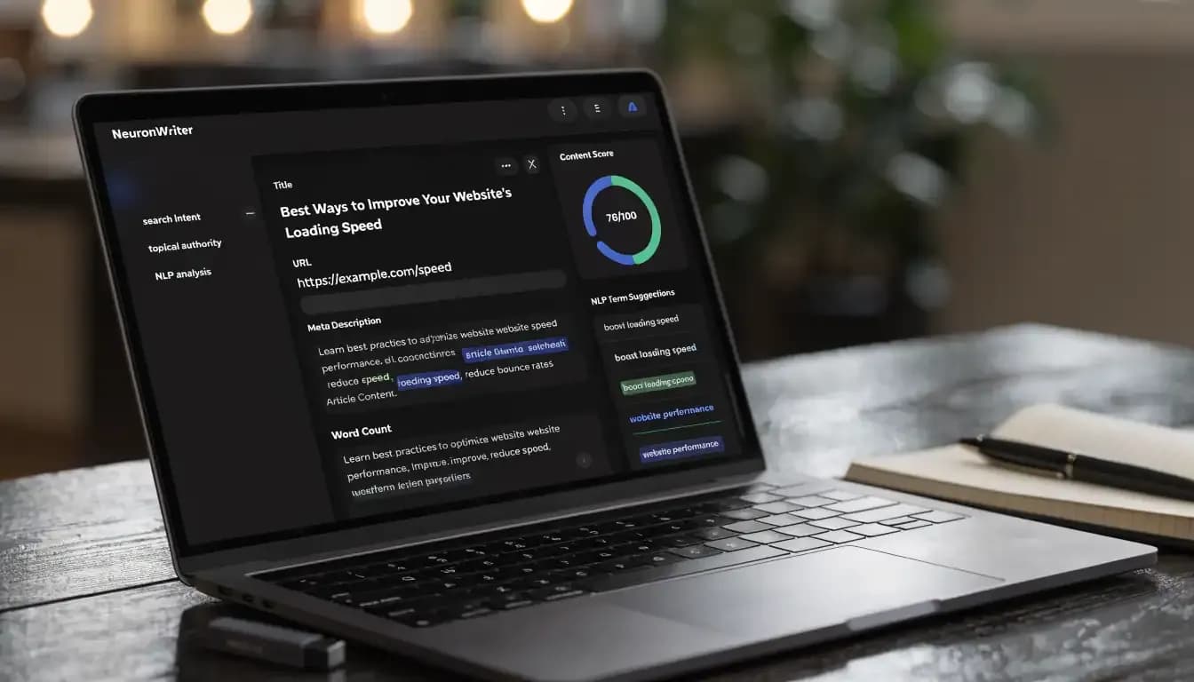 NeuronWriter Review 2026 — MacBook Pro showing NeuronWriter content editor with NLP term suggestions in dark mode