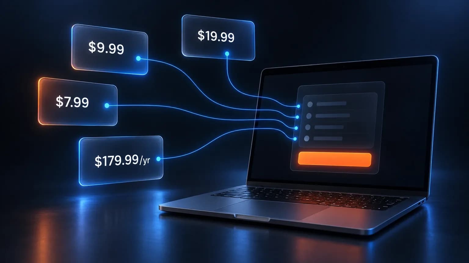 Four published CapCut Pro prices converging on one laptop checkout screen, with the annual price tagged 179.99
