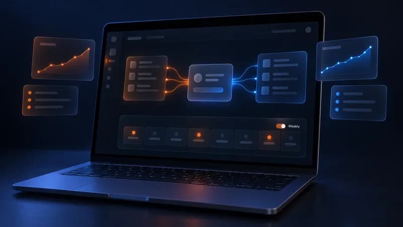Dark SaaS marketing workspace on a laptop: two separate panels flowing into one merged workspace, with a weekly routine strip of day cards marked in orange and a Weekly toggle