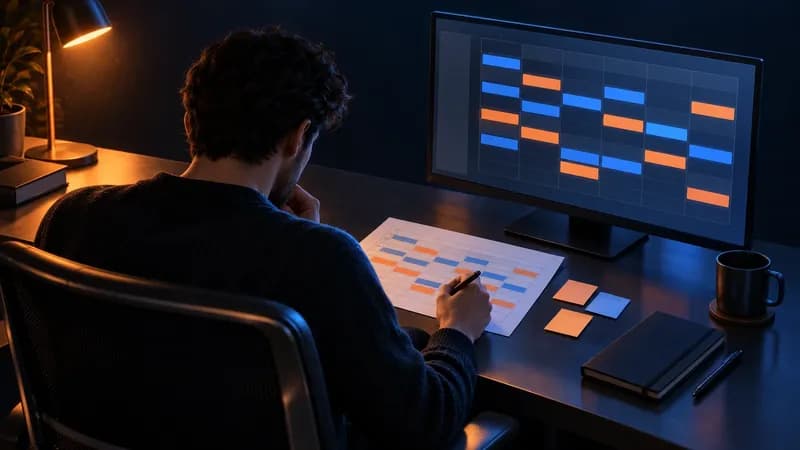 A marketing operator reviewing a weekly channel plan at a desk with notes and one screen