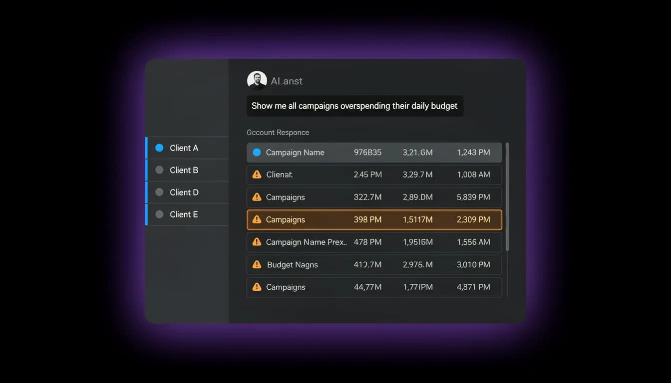 Google Ads MCC Manager — multi-account selector with AI chat interface, dark background, purple spotlight