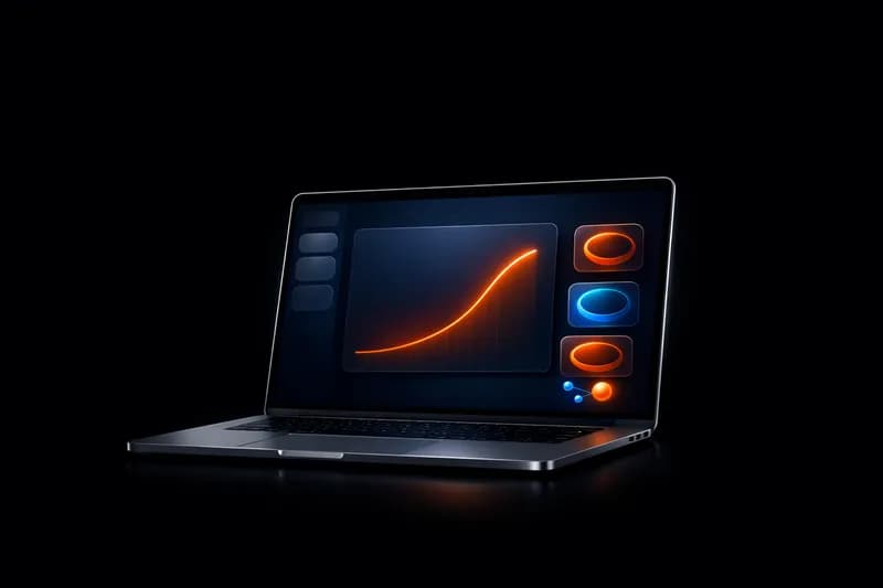 AI market research dashboard 2026 — abstract analytics interface on a laptop, orange trend curve and metric tiles feeding one glowing decision point, dark navy background