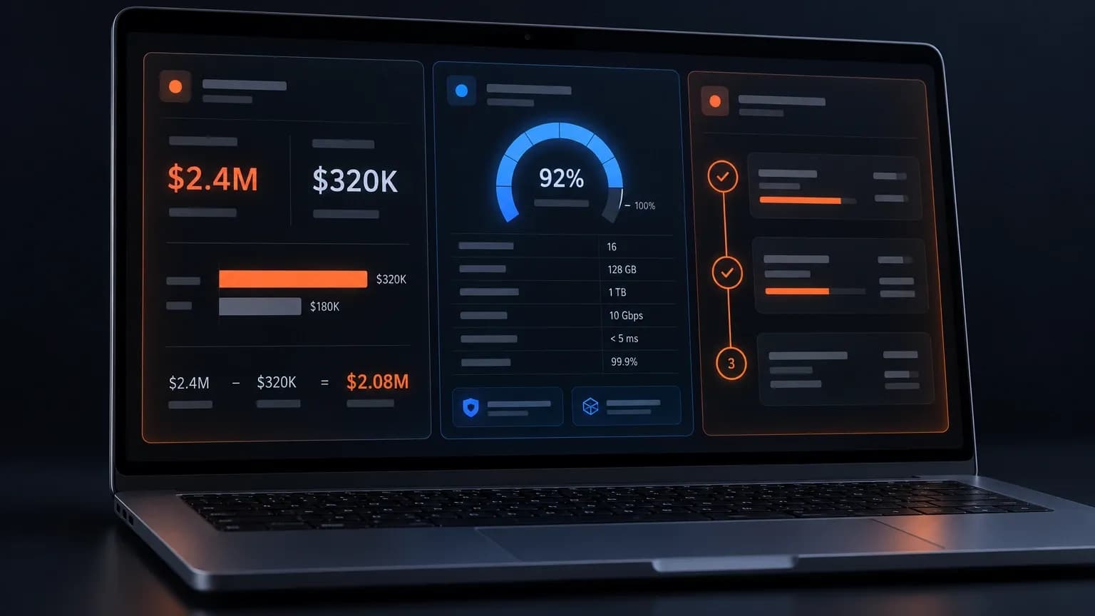 Dark laptop dashboard with three side-by-side panels showing a business case, a technical specification and an end-user workflow for one buying decision