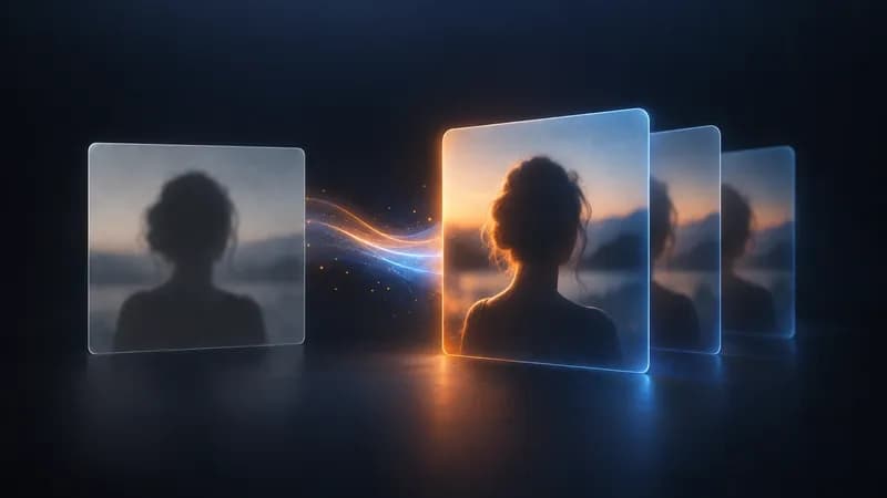Abstract dark SaaS illustration of one ordinary snapshot flowing into a refined portrait card with a faint receding stack of matching portraits behind it, deep navy background with orange rim light and blue fill