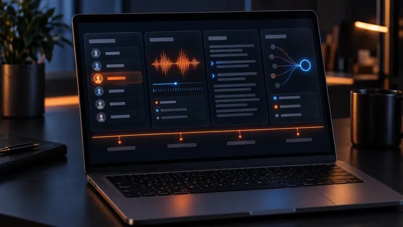 Customer research tools workspace 2026 — four-column research desk on a laptop, recruiting list, audio waveform, tagged transcript and converging node graph above one glowing threshold line
