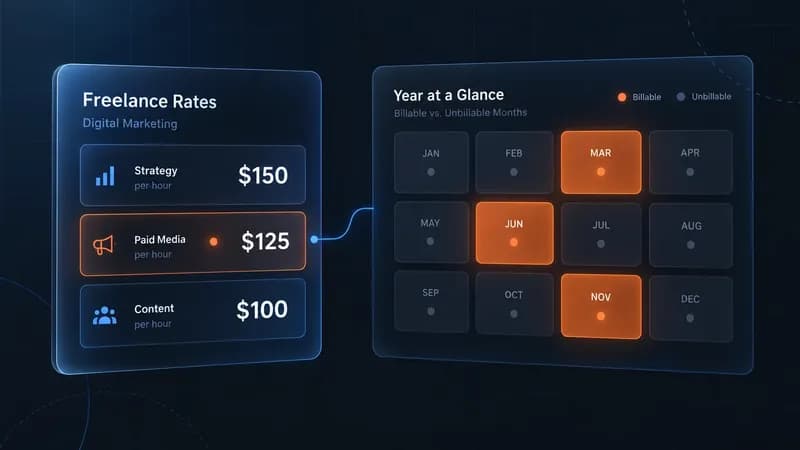 A freelancer rate card with three hourly rows beside a twelve month year calendar where nine months are shaded unbillable