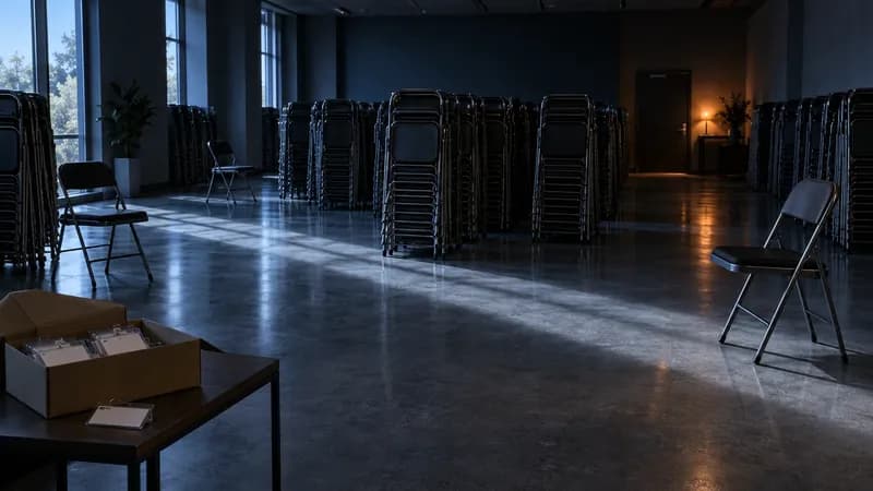 Tall stacks of folded stacking chairs standing unused across the polished floor of an empty meeting room, an open box of blank name badges on a side table and daylight falling across the concrete