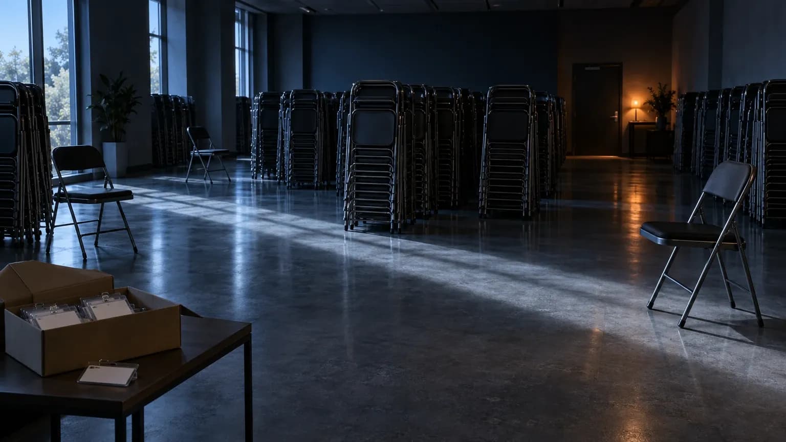 Tall stacks of folded stacking chairs standing unused across the polished floor of an empty meeting room, an open box of blank name badges on a side table and daylight falling across the concrete