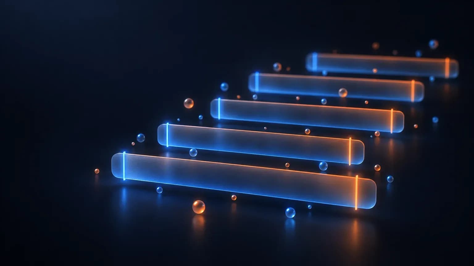 Abstract band chart of staggered translucent range bars with scattered glowing data points on a deep navy background