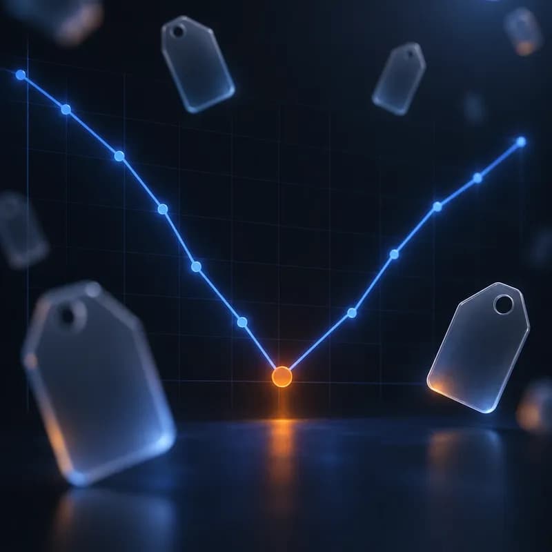 Glowing blue line chart dipping into a deep valley then climbing out, over a faint grid on a deep navy background, with a small orange glass disc marking the low point