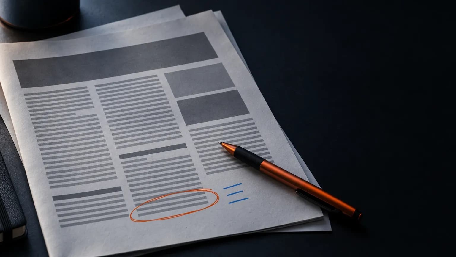 Printed coverage report on a dark desk, one line near the bottom circled in orange pen, with three short pen marks in the margin and a pen resting across the page