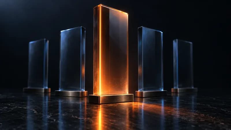 Five blank smoked-glass slabs standing on a dark reflective floor, the centre one taller, set forward and lit warm orange from within, the four flanking it cool blue at low intensity and fading into shadow, and nothing written on any surface