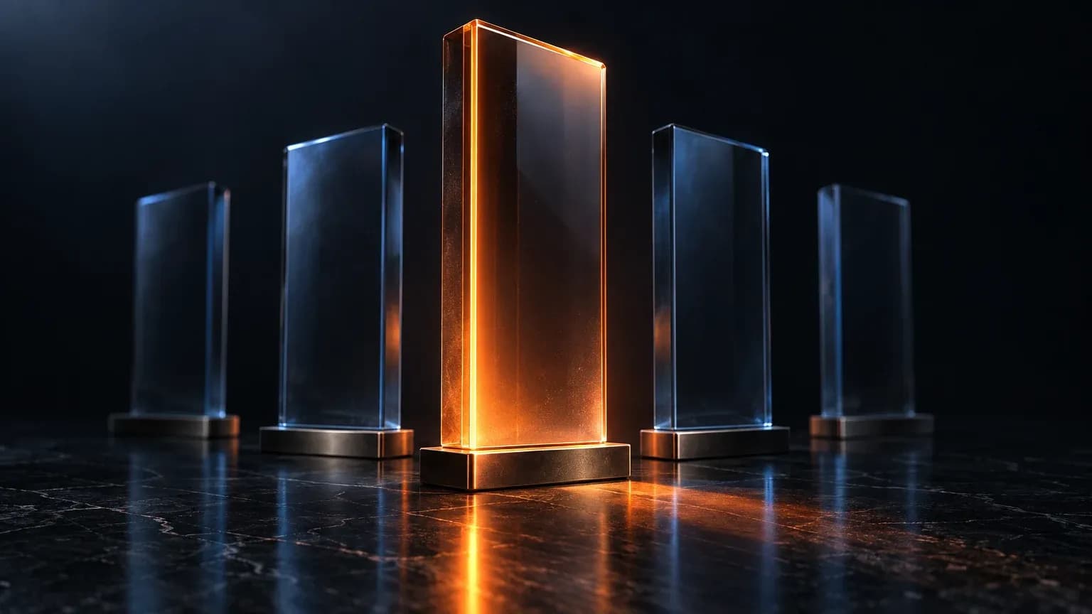 Five blank smoked-glass slabs standing on a dark reflective floor, the centre one taller, set forward and lit warm orange from within, the four flanking it cool blue at low intensity and fading into shadow, and nothing written on any surface