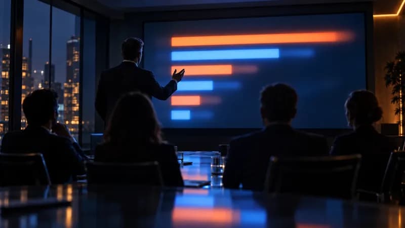 A dark boardroom at dusk, a wall screen carrying an unlabeled competitive visibility slide of unequal glowing bars, a standing figure gesturing at it while seated colleagues sit silhouetted in the foreground