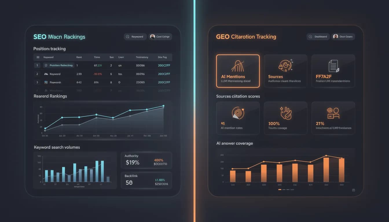 SEO vs GEO comparison 2026 — traditional search rankings vs AI-generated answer optimization