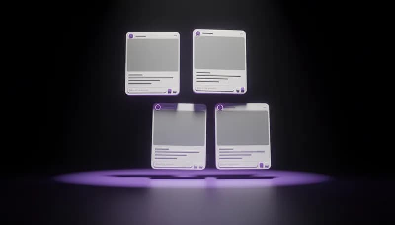 Social Media Marketing — mosaic grid of platform post cards with vivid purple spotlight, pure black background