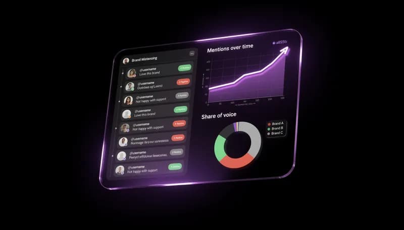 Social Media Monitoring Tool — brand mention feed, sentiment tags and real-time spike chart, dark background, purple spotlight
