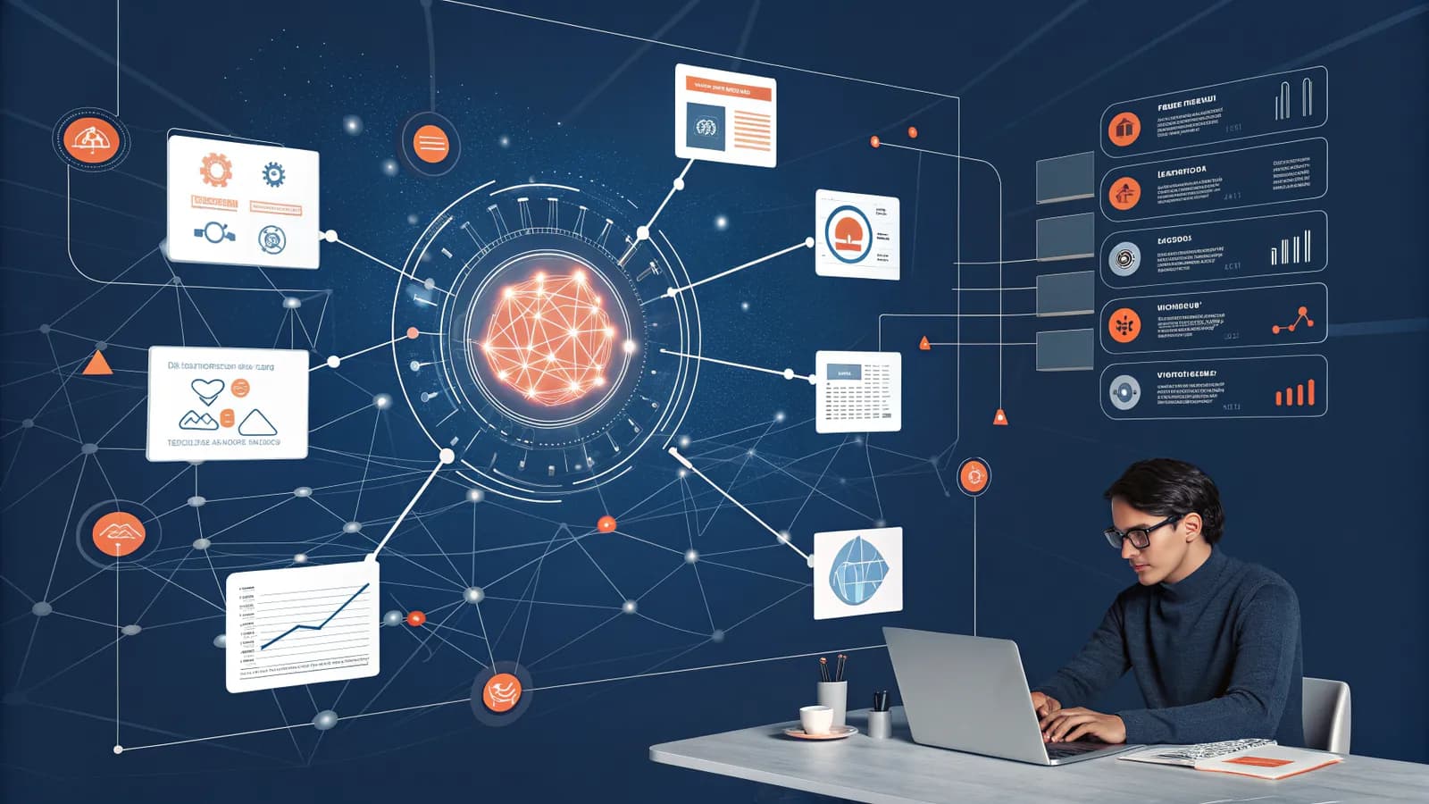AI transforming marketing 2026 — glowing AI core orb radiating streams to ad copy, audience mapping, publish-time and analytics cards with an accessibility figure in the flow, dark navy with orange and blue accents