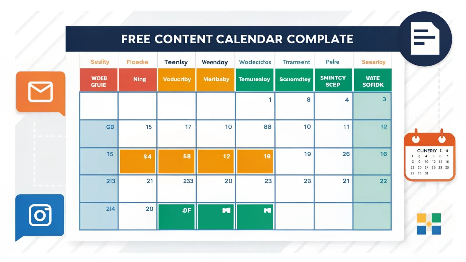 Free content calendar template for Google Sheets 2026 — spreadsheet calendar grid with color-coded content type chips and glowing publish slot, dark navy with orange and blue accents