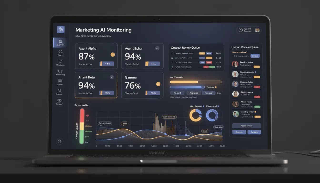 AI Agent Monitoring hero 2026 — marketing team dashboard tracking agent output quality, brand drift, and performance metrics