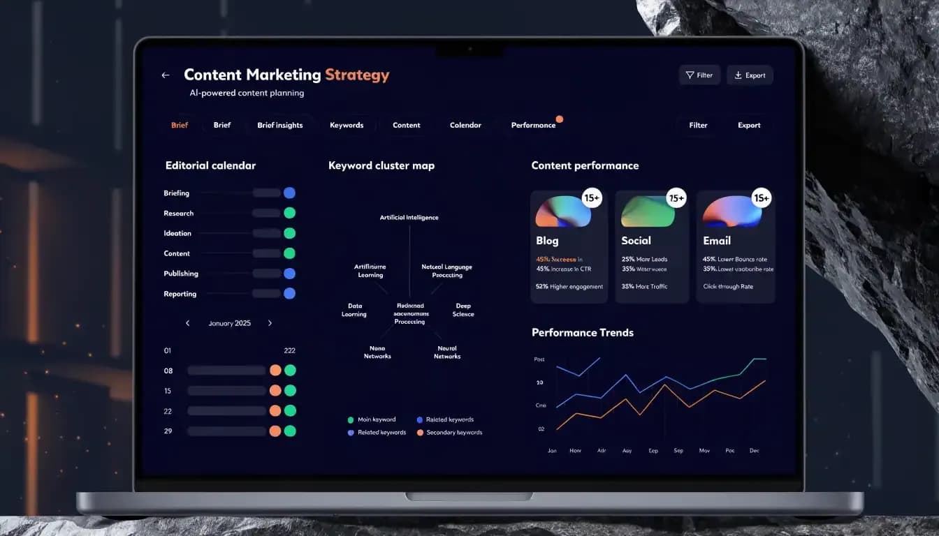 Content marketing strategy dashboard showing editorial calendar, keyword cluster map, and content performance metrics