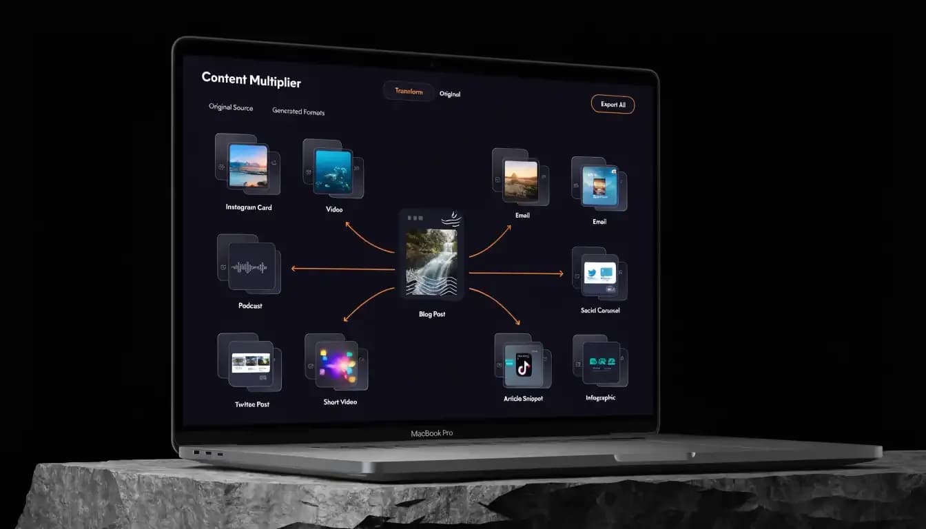 Content repurposing workflow showing one blog post radiating to 10 different content formats on a MacBook Pro screen