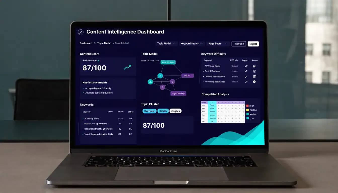 MarketMuse Review 2026 — content intelligence dashboard on MacBook Pro