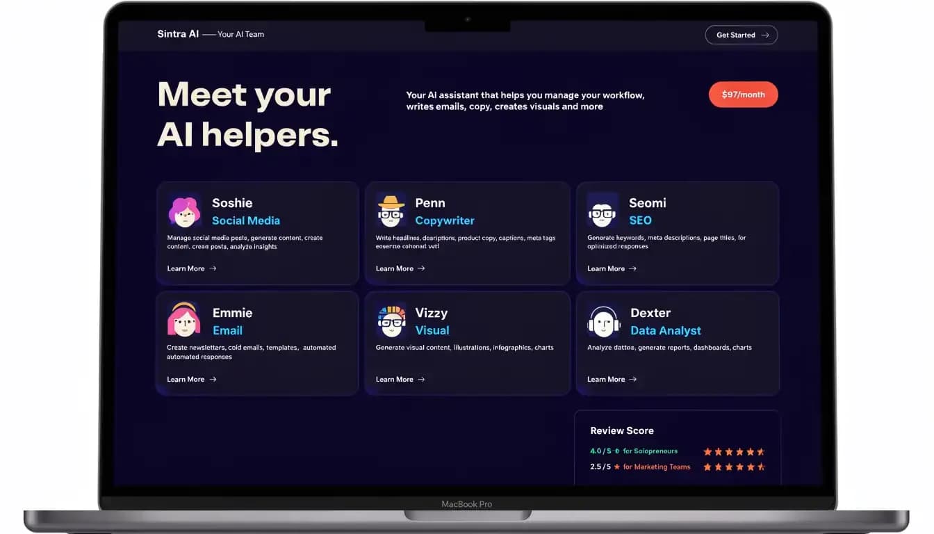 Sintra AI review 2026: AI team dashboard showing 12 helper agents and review scores