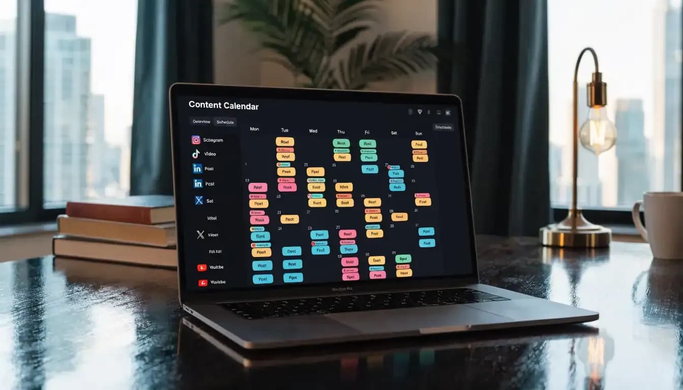 Social media content strategy dashboard on MacBook Pro — colorful content calendar with platform icons