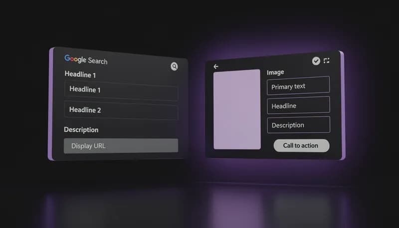 AI Campaign Builder — Google Search and Meta ad cards floating with vivid purple spotlight, pure black background