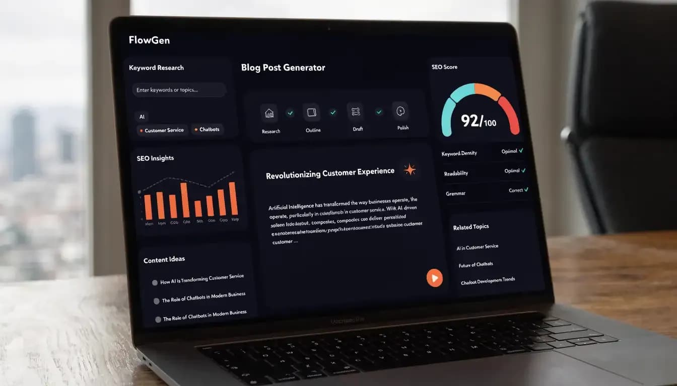 AI content creation workflow on MacBook Pro — keyword research panel, AI writing interface, and SEO score 92/100