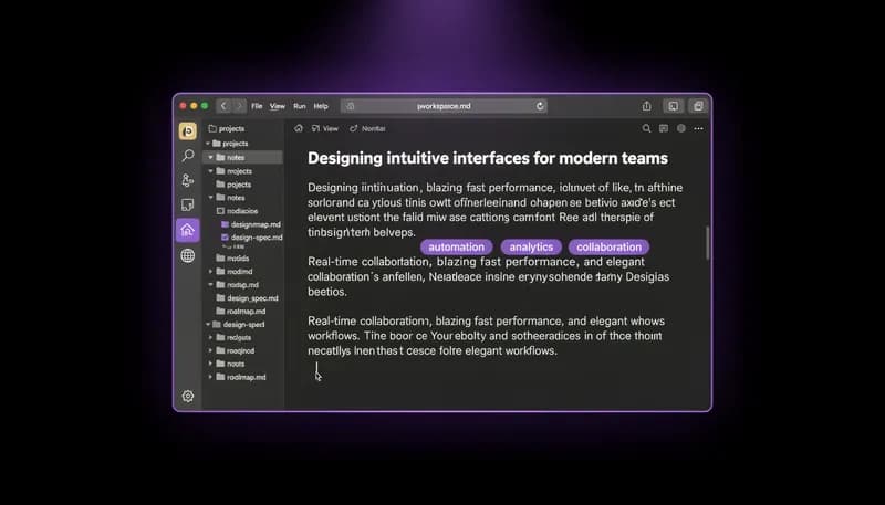 AI Writing Assistant — dark in-app text editor with cursor and keyword chips, vivid purple spotlight, pure black background