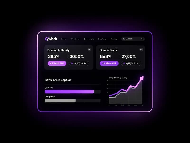 Competitor Analysis Tool — floating competitor comparison panel with domain metrics and traffic gap chart, dark background, purple spotlight