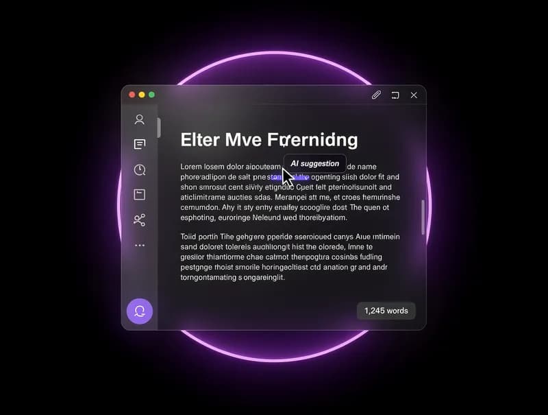 AI Blog Writing Tool — floating document editor with AI writing assistant tooltip and cursor, dark background, purple spotlight