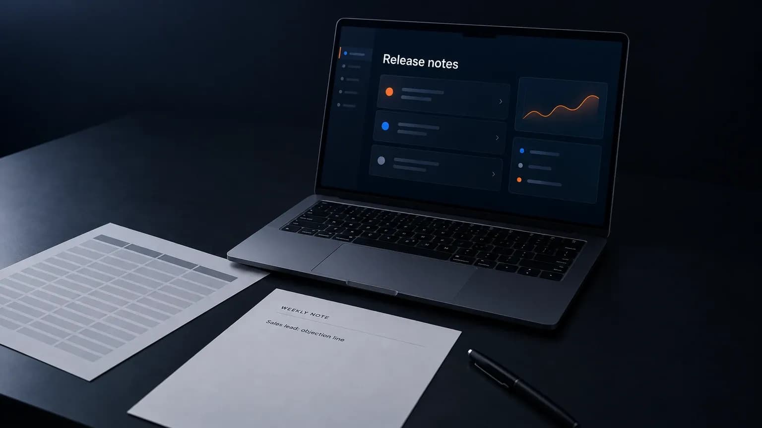 A desk with a competitor pricing PDF, an open browser showing release notes and a printed weekly note naming one decision