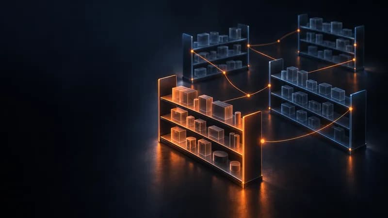 Abstract distribution network of glass shelving runs linked by orange light filaments in a dark navy space