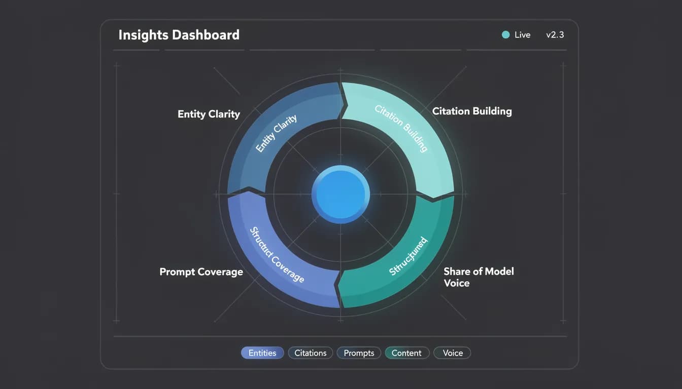 AI Visibility Optimization 5-pillar wheel diagram 2026 — brand citation, entity clarity, SOMV, prompt coverage, structured content