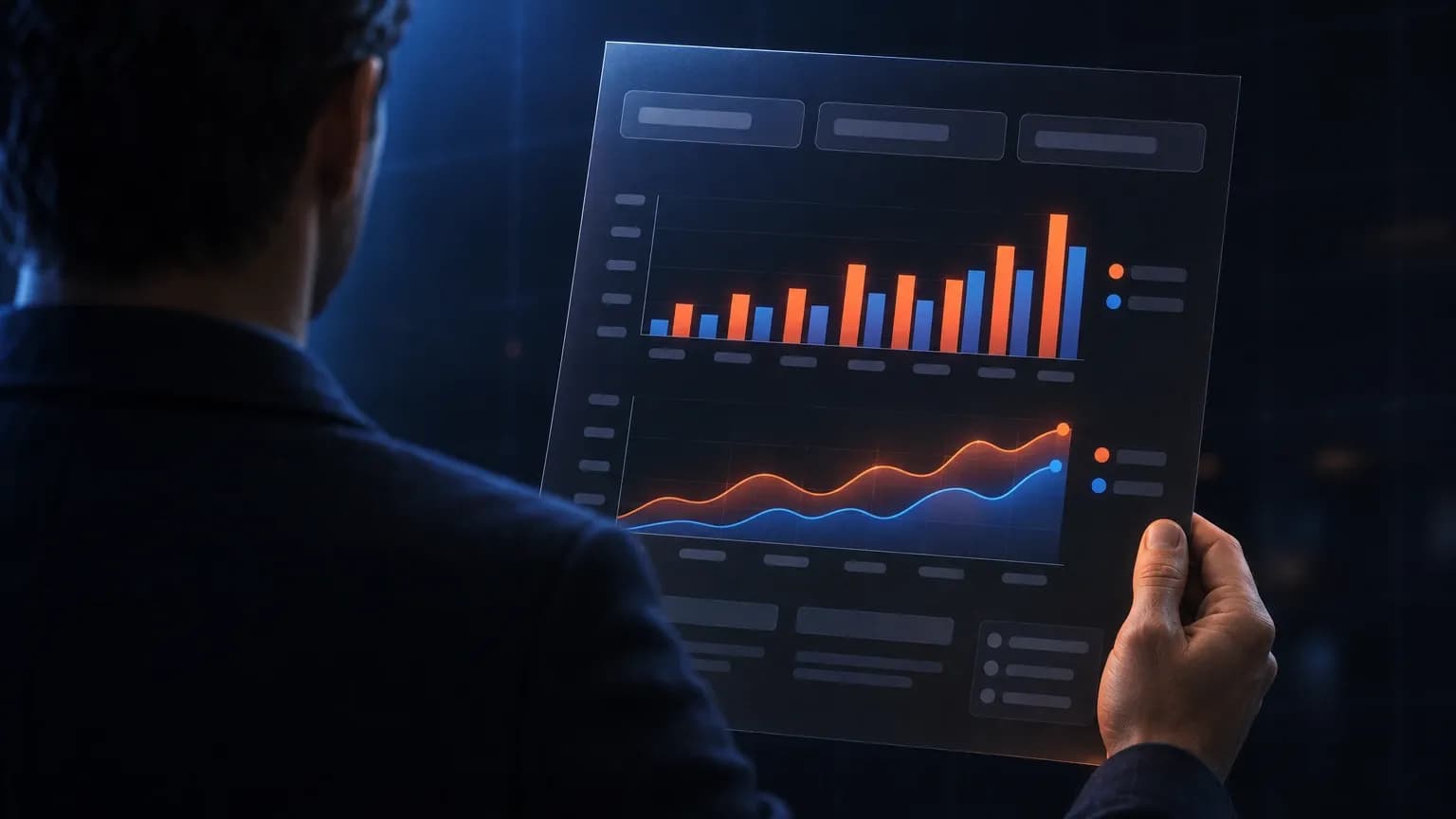 A buyer seen from behind holding up a translucent AI search visibility report panel: citation bars and a visibility curve on a dark glass surface, with an empty metadata strip across the top where the prompt set, baseline date and engine list would go
