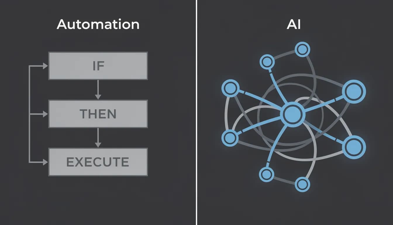 Automation vs AI for Marketing 2026 — decision framework showing when to use rule-based automation versus AI tools in marketing workflows