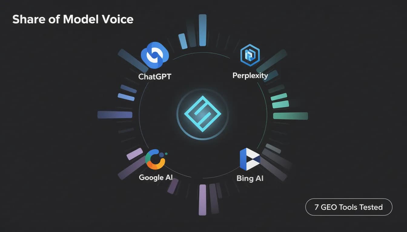 Best GEO tools comparison 2026 — AI engine visibility dashboard showing Share of Model Voice metrics across ChatGPT, Perplexity, and Google AI Mode
