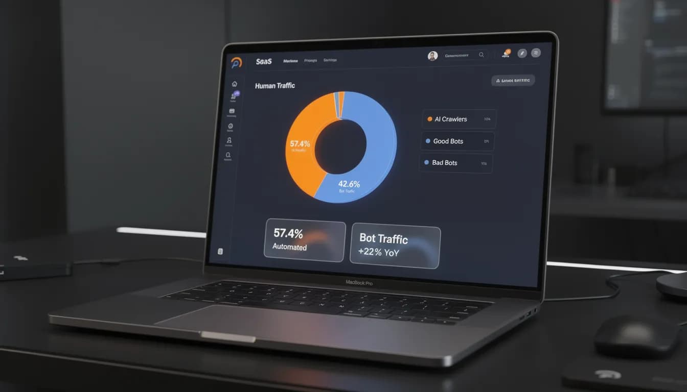 Bot vs human web traffic split 2026 — 57.4% bots vs 42.6% humans visualization