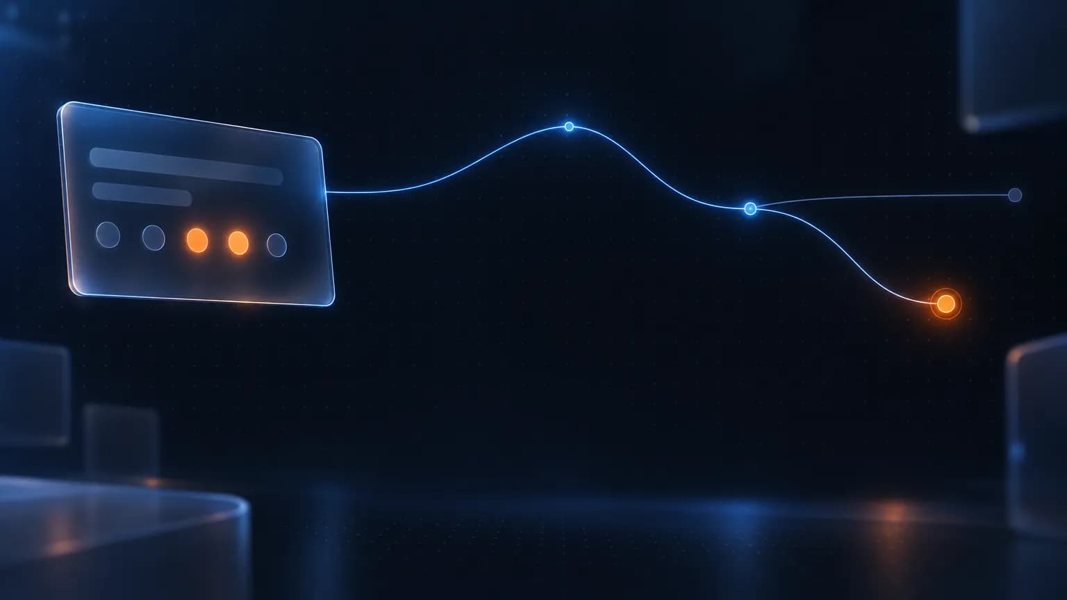 Frosted glass survey card with five rating dots on deep navy, a single glowing line leaving the card and becoming an account trajectory that branches toward one orange decision node, no readable text
