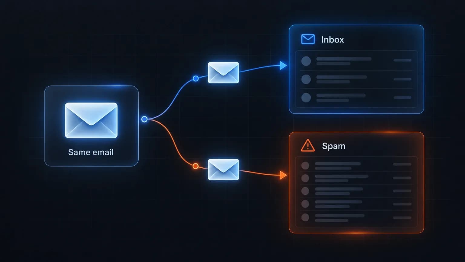 One email card branching into two paths, one landing in an Inbox panel and one in a Spam panel, dark SaaS UI with blue and orange accents