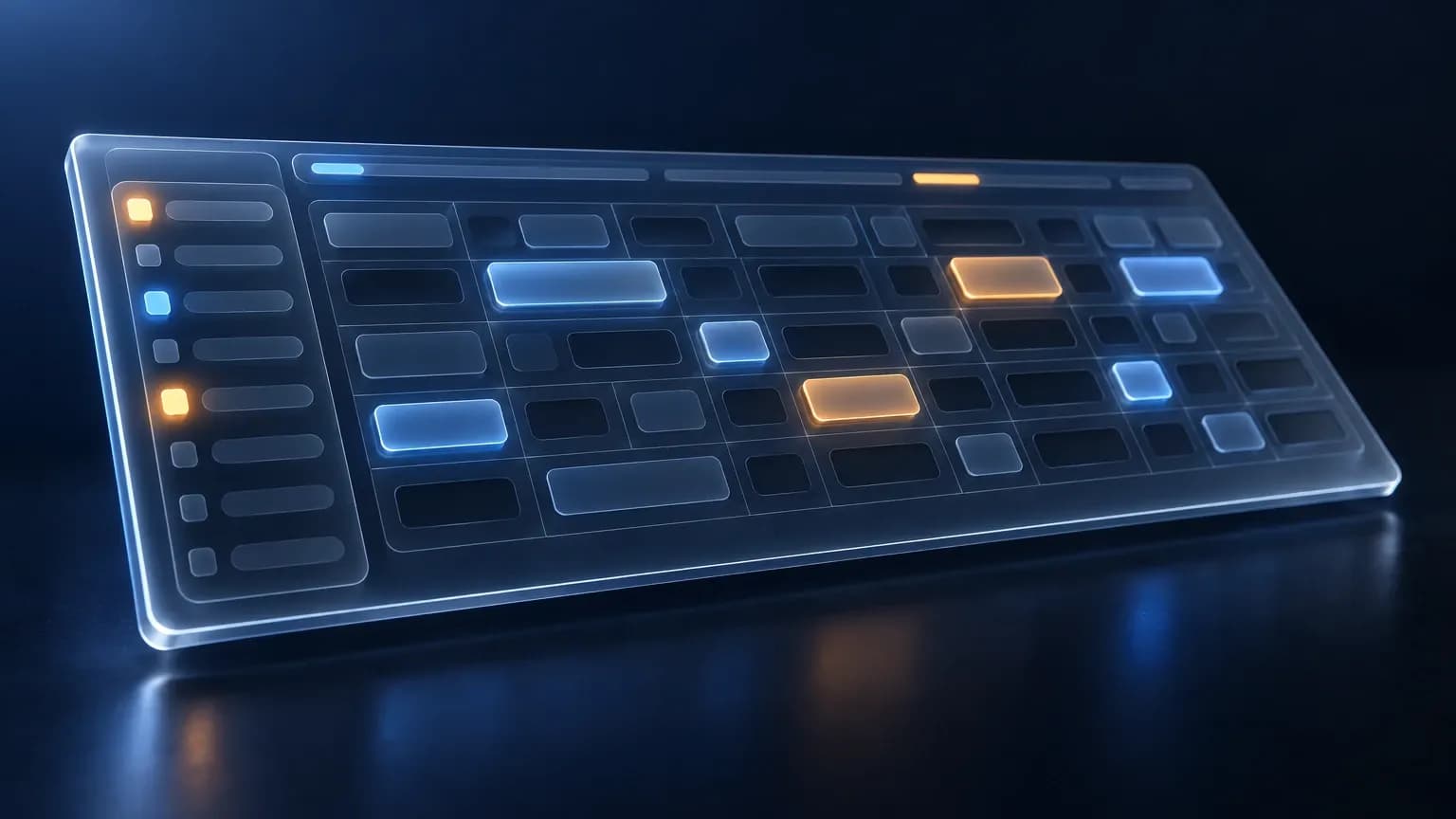 A wide dark dashboard slab at an angle, a rail of stacked rows down the left edge and a loose matrix of dim glass cells across the body, a few lit orange and blue